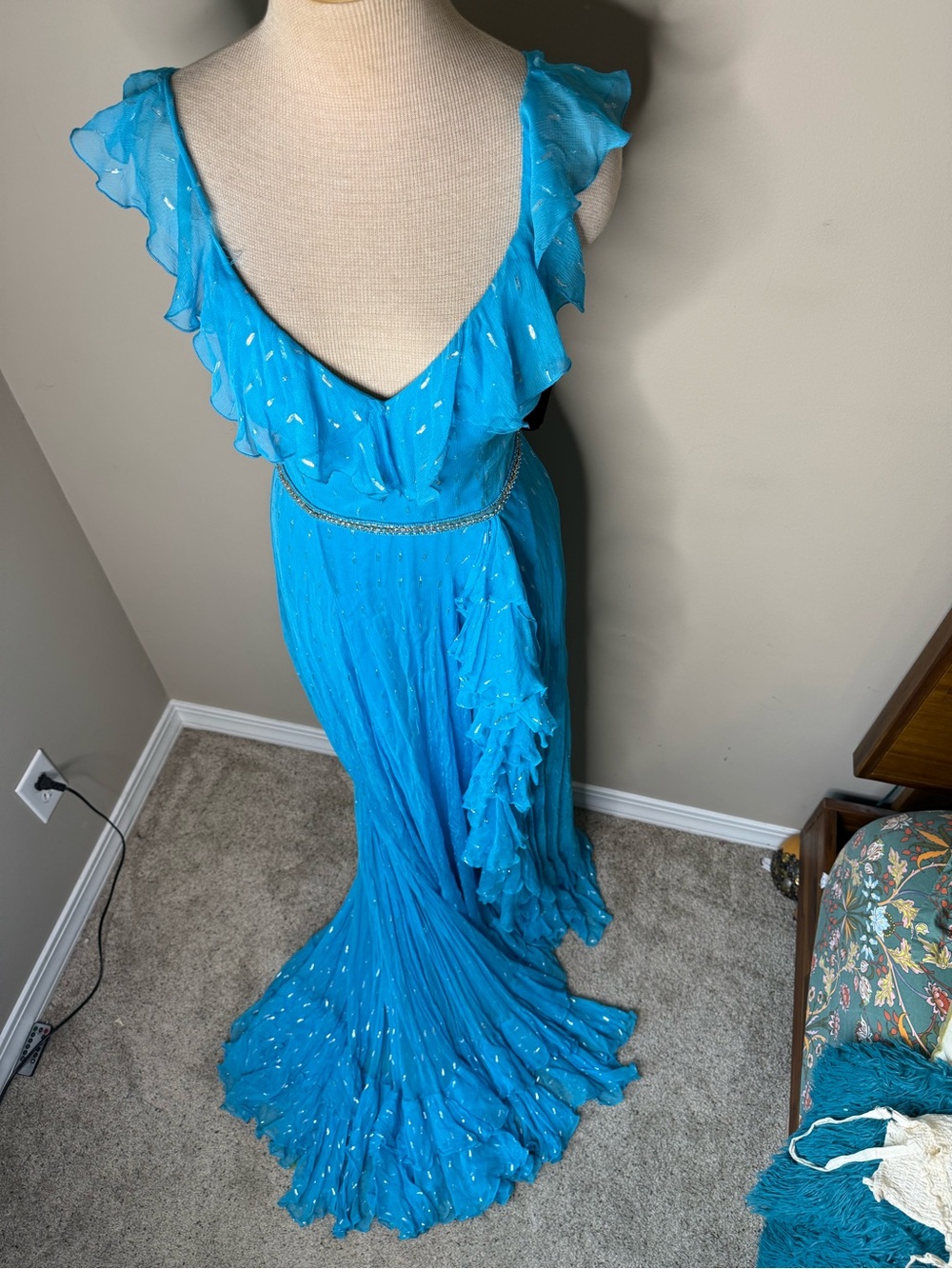 Sherri Hill 52643 Aqua Blue Metallic Chiffon Corset Ruffle Gown Size 12 - Picture 3 of 11